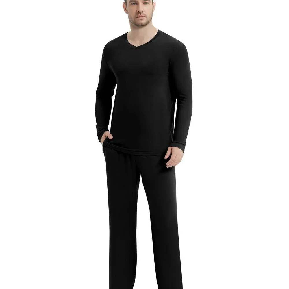 Men's Viscose Bamboo Pajama Set Long Sleeve V-Neck Comfy Sleepwear